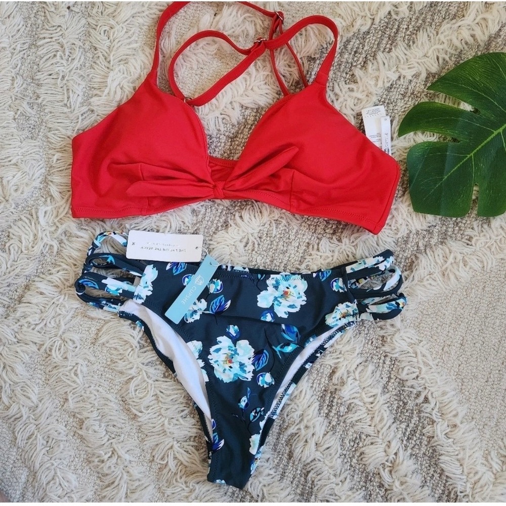 NWT‎ CUPSHE Red Floral Print Knot Adjustable Bikini Set Swimsuit XL